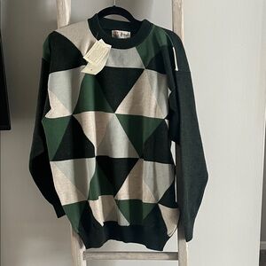 Pringle Of Scotland Crewneck Sweater - Green, Black, and Cream Geometric